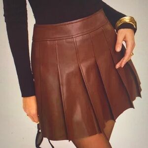 Brown Pleated Faux Leather Mini Skirt